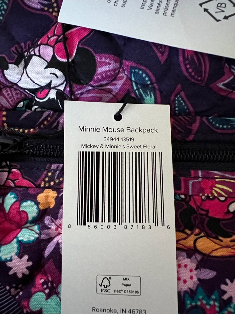 Vera Bradley Minnie Mouse Backpack Quilted Purple Floral Backpack with Bow Ears - Picture 4 of 4